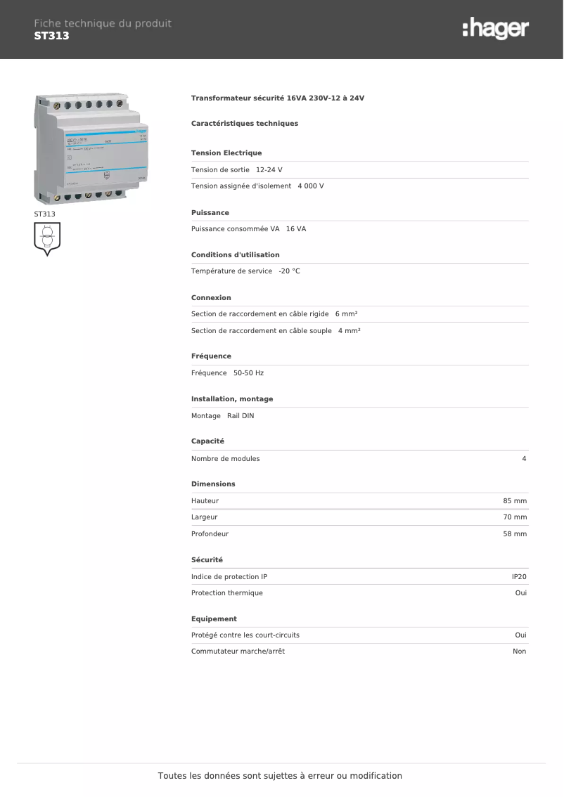 Page 1 de la notice Fiche technique Hager ST313