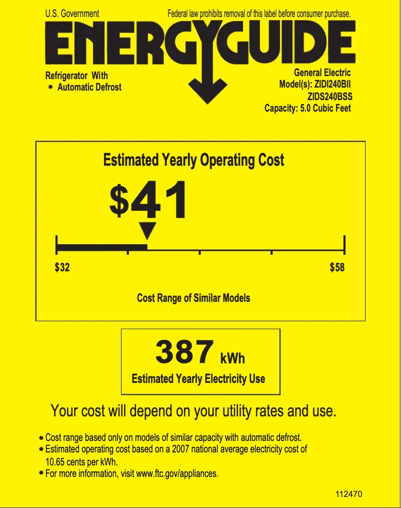 Page 1 de la notice Label énergétique GE ZIDI240BII