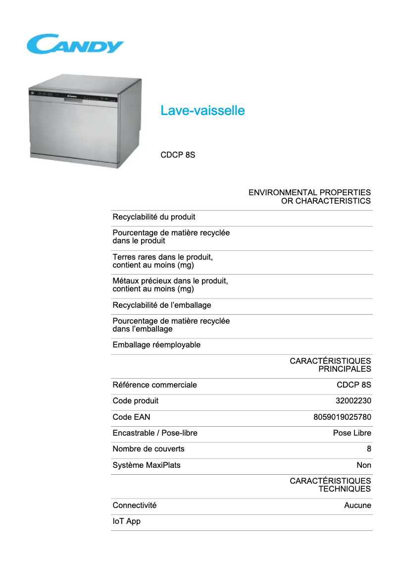 Page 1 de la notice Fiche technique Candy CDCP 8S
