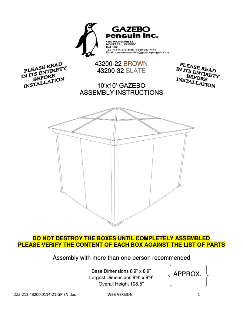 Page n°1 - Manuel utilisateur Gazebo Penguin 43200-32