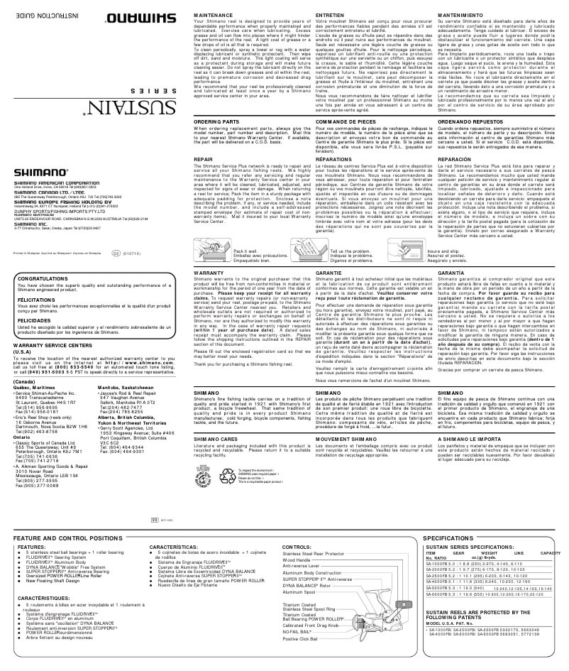 Page n°1 - Manuel utilisateur Shimano Sustain 6000FB