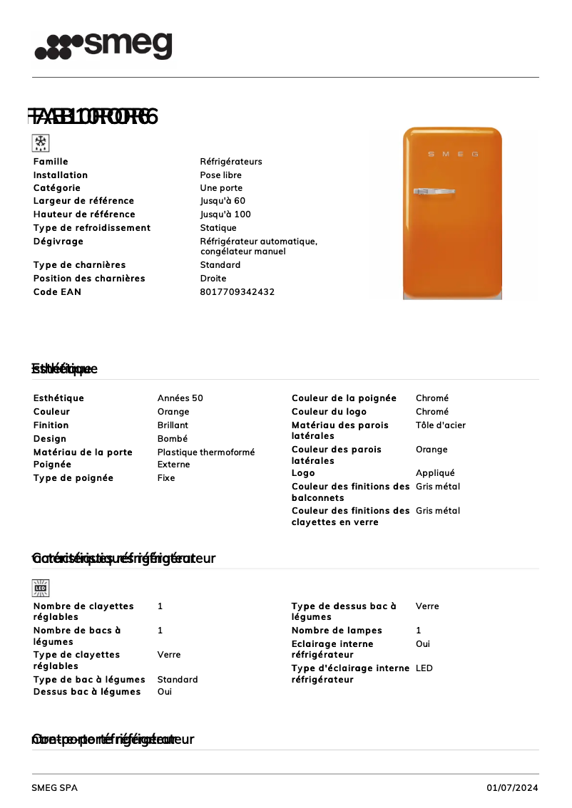 Page 1 de la notice Fiche technique Smeg FAB10ROR6