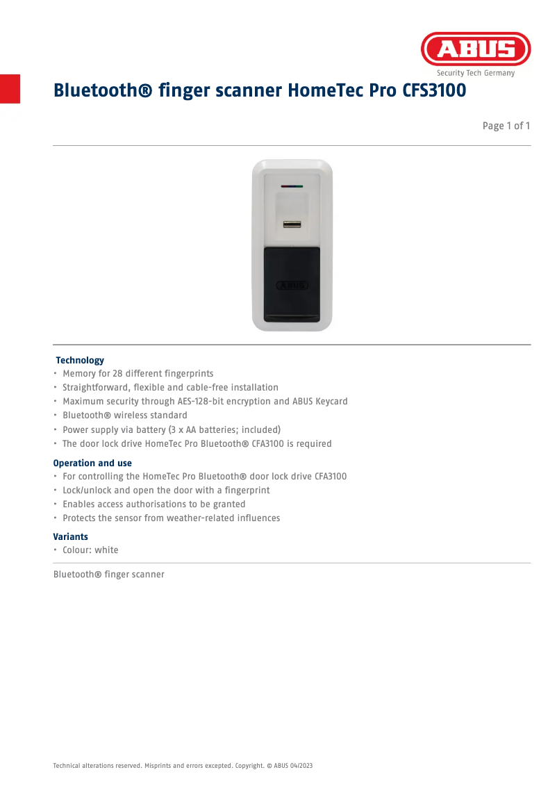 Page 1 de la notice Fiche technique Abus CFS3100