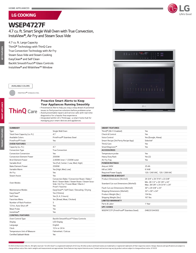 Page n°1 - Fiche technique LG WSEP4727F