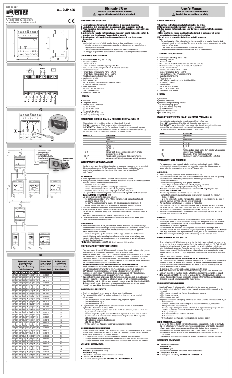 Page 1 de la notice Manuel utilisateur Vemer CLIP-485