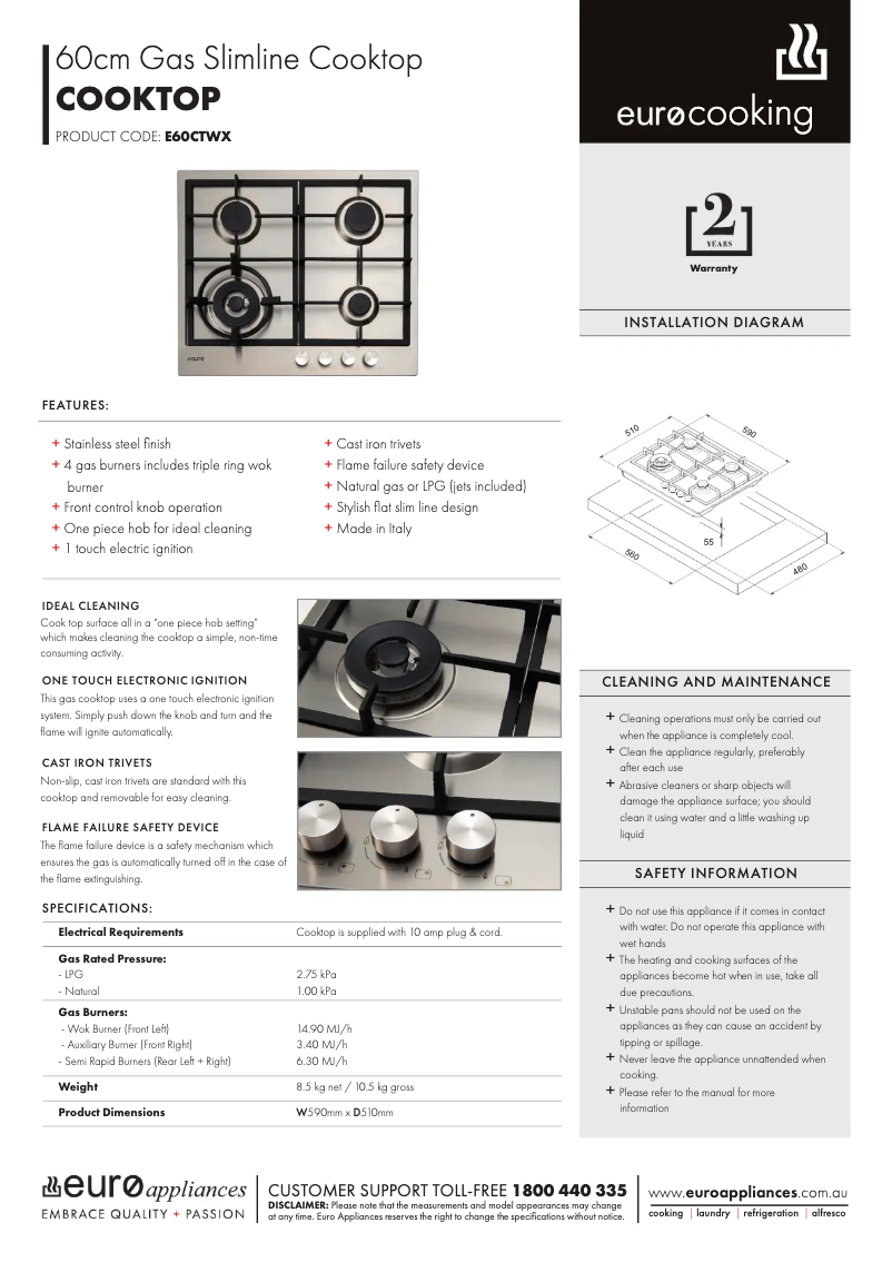 Page 1 de la notice Fiche technique Euro Appliances E60CTWX