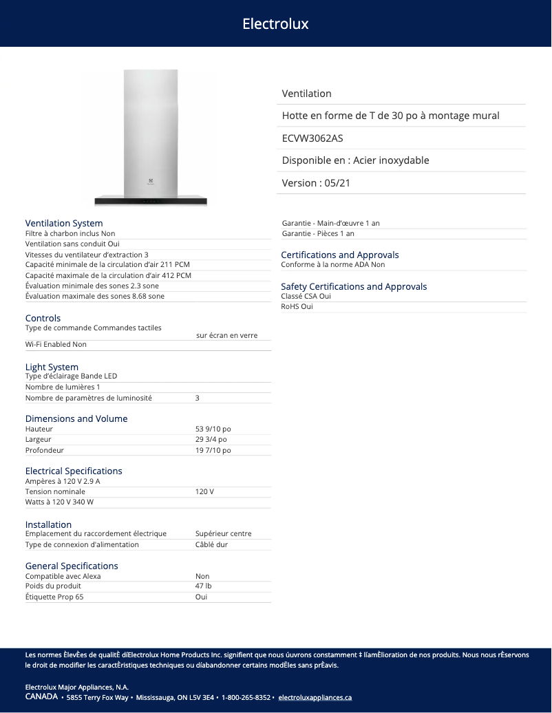 Page 1 de la notice Fiche technique Electrolux ECVW3062AS