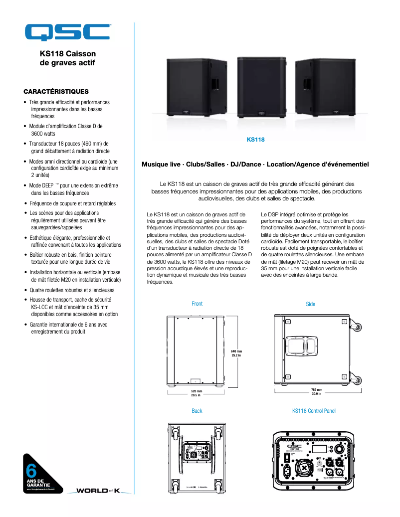 Page 1 de la notice Fiche technique QSC KS118
