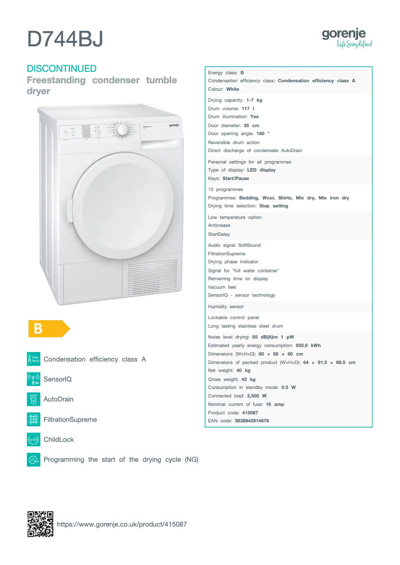 Page 1 de la notice Fiche technique Gorenje D744BJ