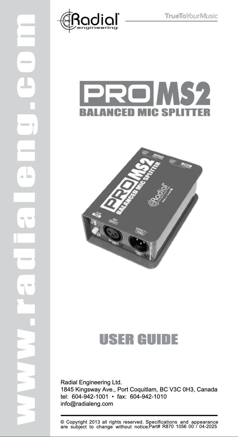 Page 1 de la notice Manuel utilisateur Radial Engineering ProMS2