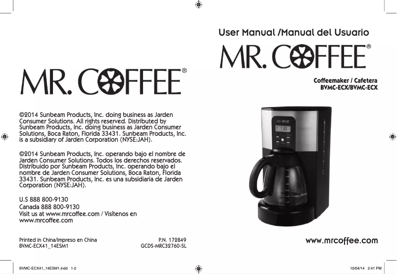 Page n°1 - Manuel utilisateur Mr. Coffee BVMC-ECX41