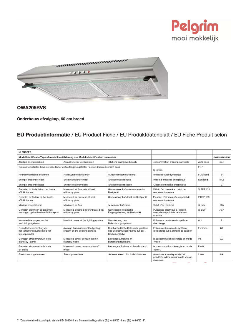 Page 1 de la notice Fiche technique Pelgrim OWA205RVS