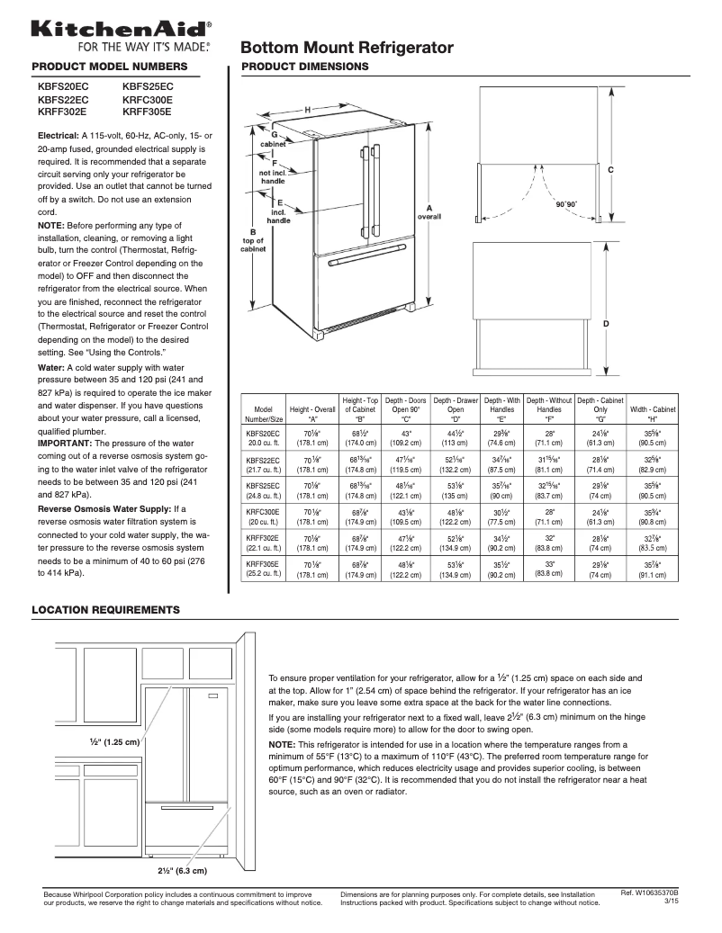 Page 1 de la notice Fiche technique KitchenAid KRFF305ESS