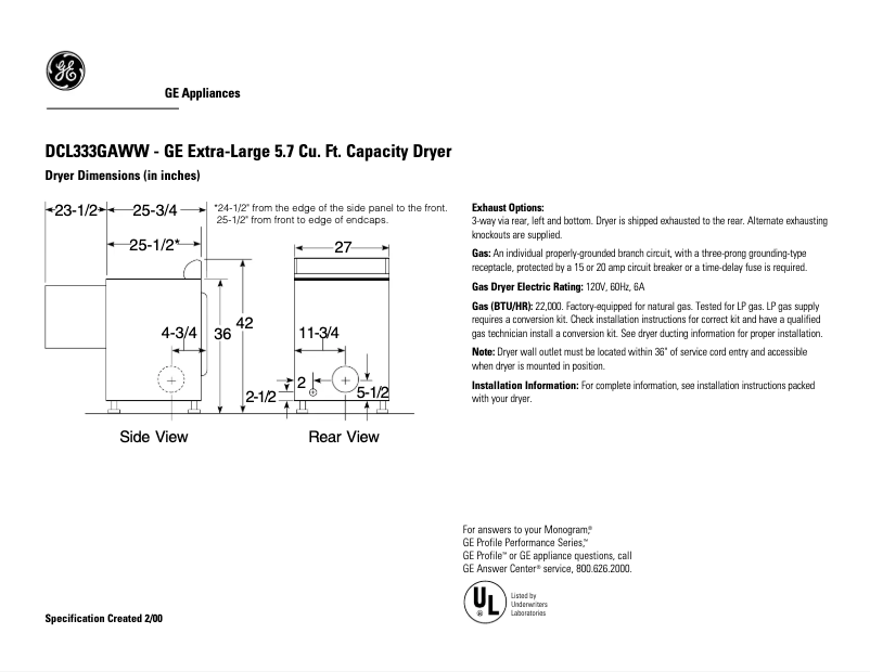 Page n°1 - Fiche technique GE DCL333GAWW