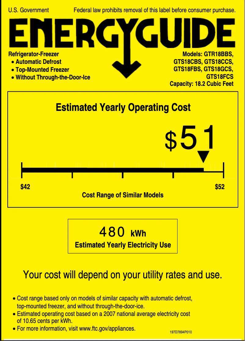 Page 1 de la notice Label énergétique GE GTS18CCSRWW