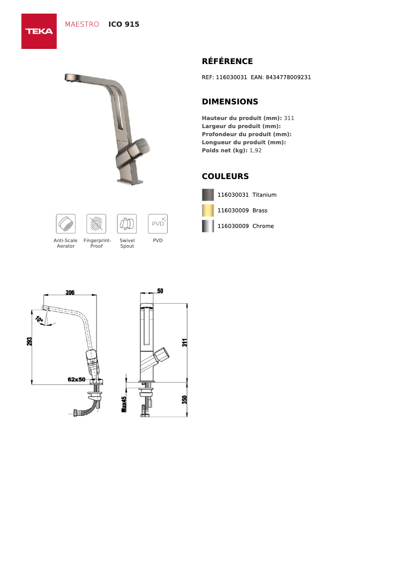 Page 1 de la notice Fiche technique Teka ICO 915