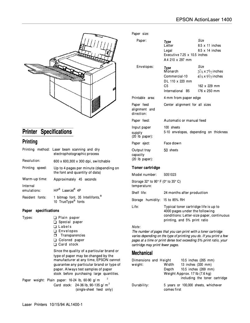 Page n°1 - Fiche technique Epson ActionLaser 1400
