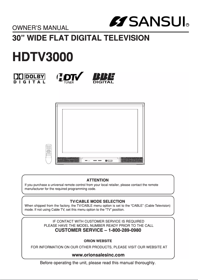 Image de la première page du manuel de l'appareil HDTV3000