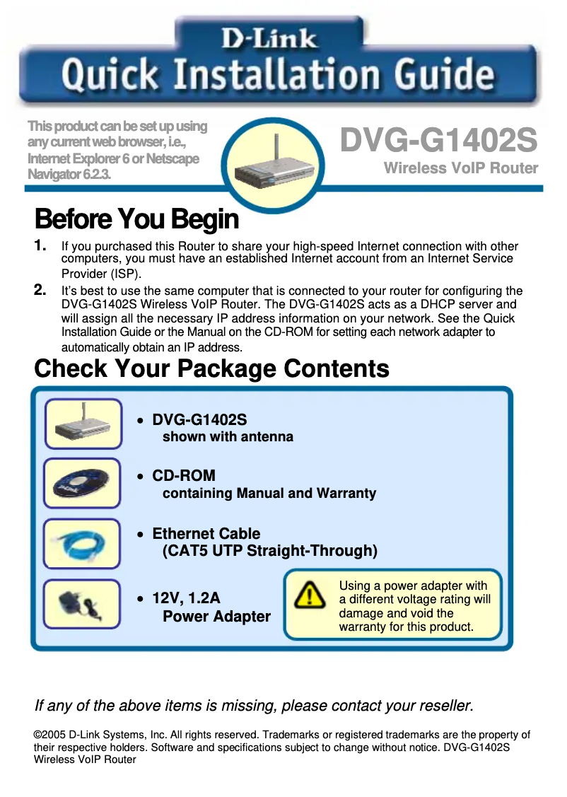 Page n°1 - Guide de démarrage rapide D-Link DVG-G1402S