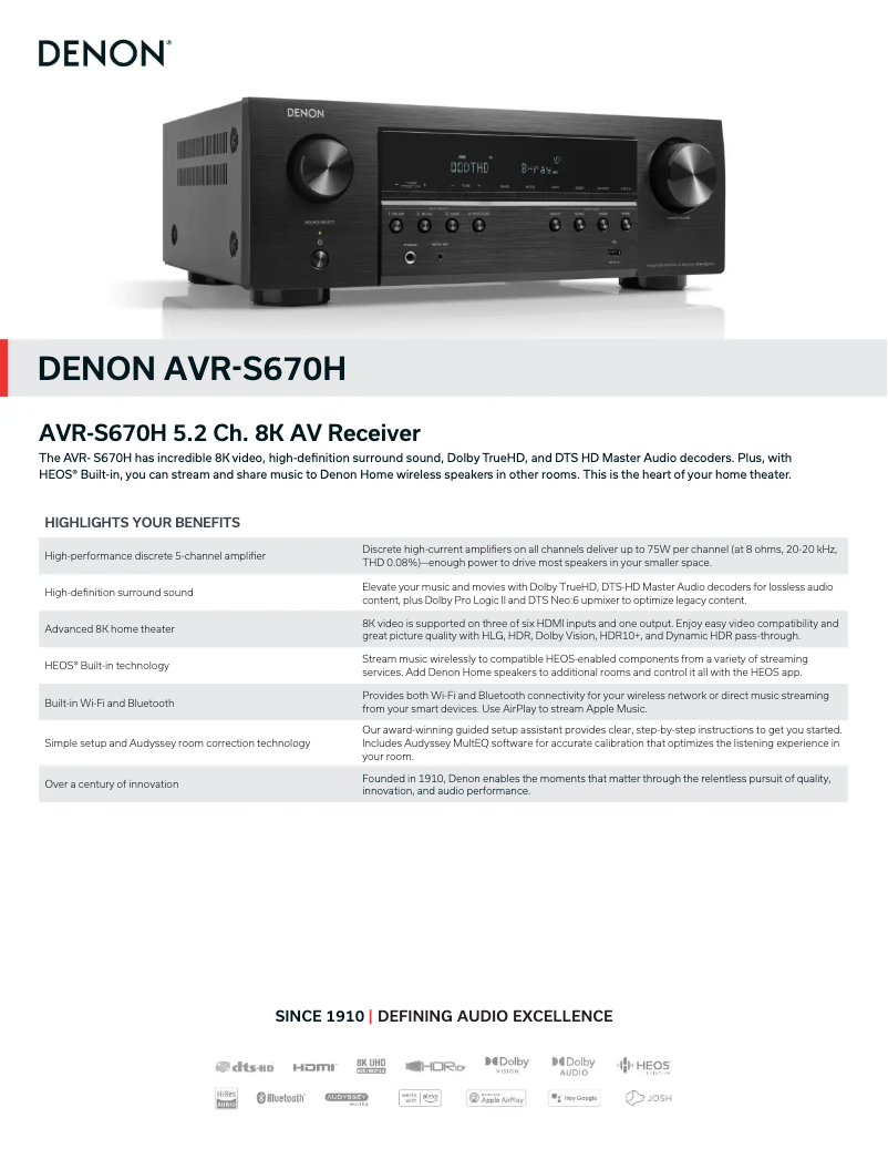 Page n°1 - Fiche technique Denon AVR-S670H