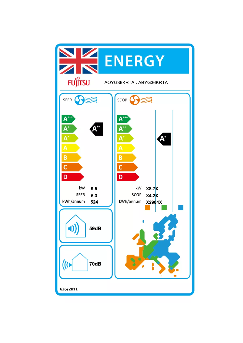 Página 1 del manual Etiqueta energética Fujitsu ABYG36KRTA