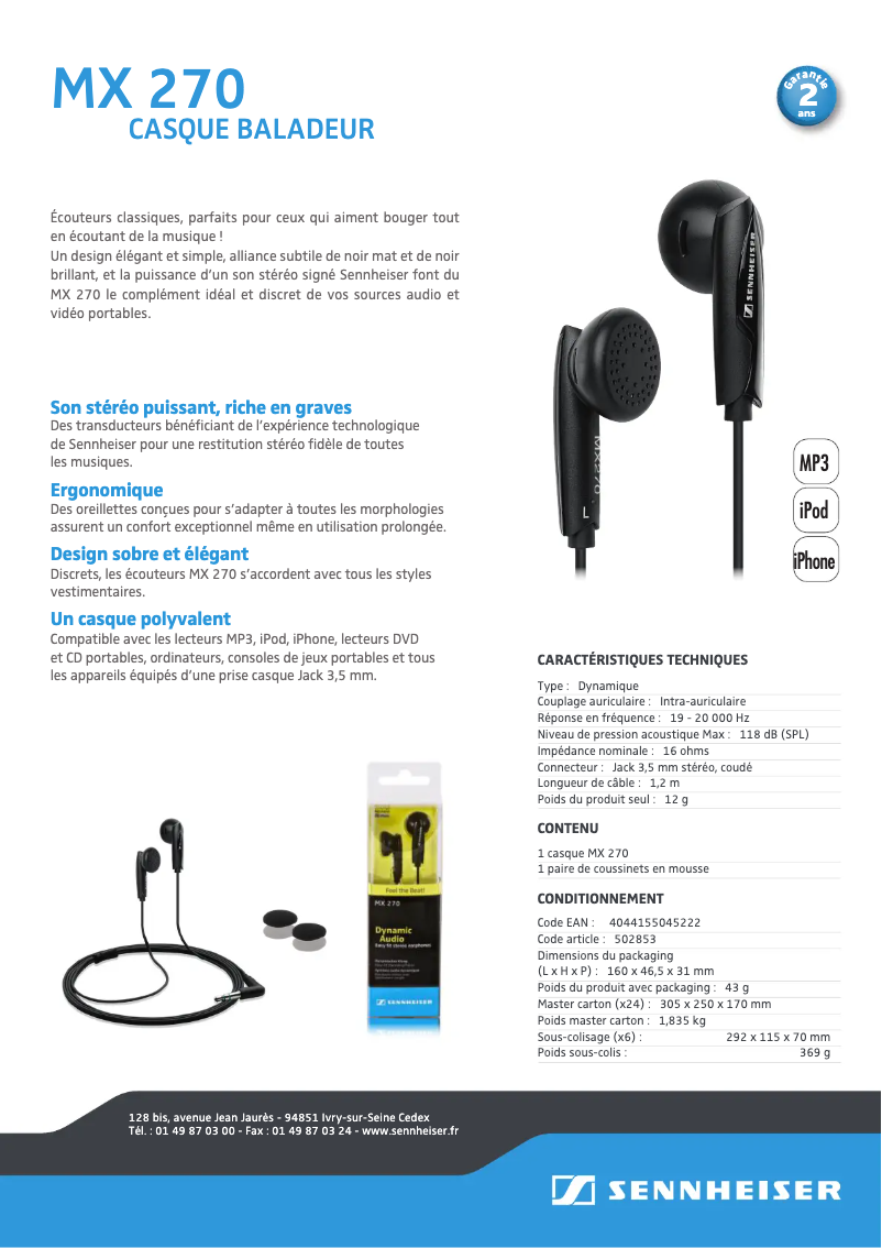 Page 1 de la notice Fiche technique Sennheiser Urbanite XL