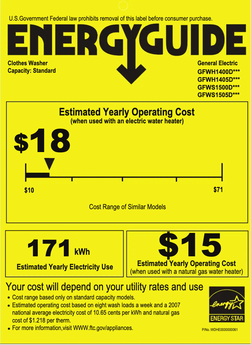 Page 1 de la notice Label énergétique GE GFWS1500DWW