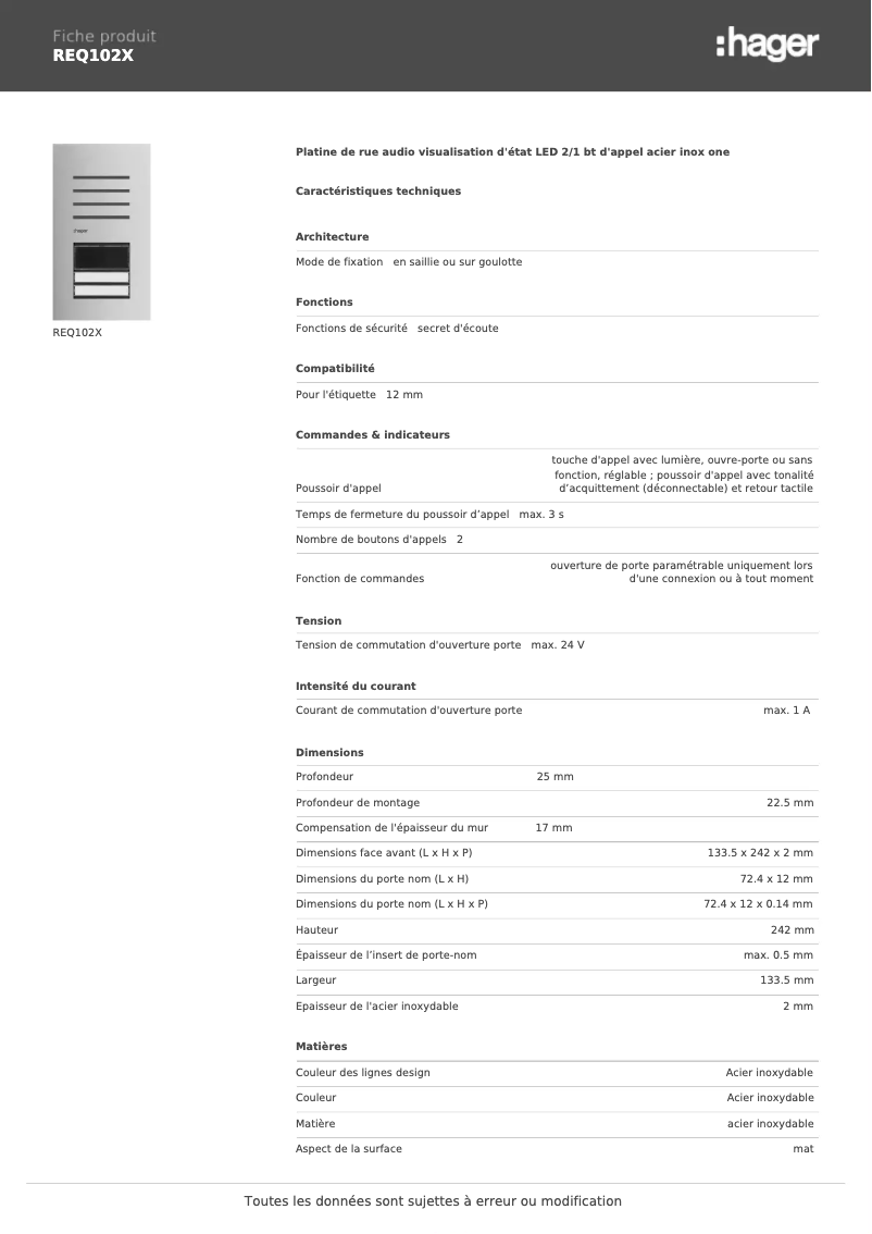 Page n°1 - Fiche technique Hager REQ102X