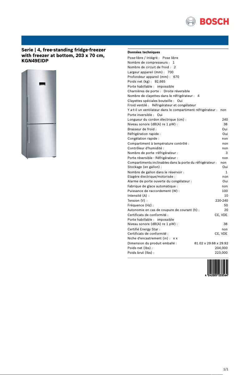 Page n°1 - Fiche technique Bosch KGN49EIDP