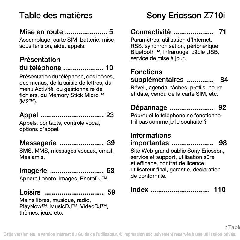 Page 1 de la notice Manuel utilisateur Sony Ericsson Z710i