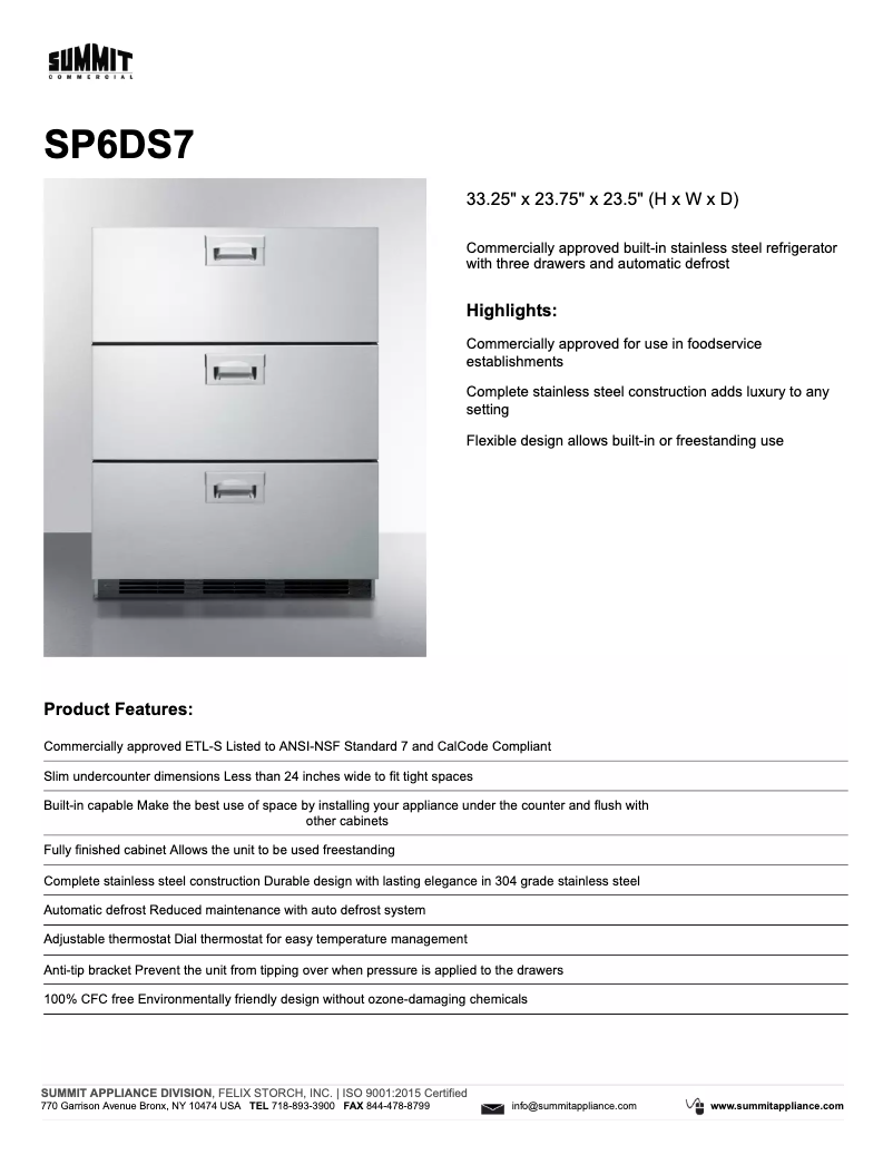 Page 1 de la notice Fiche technique Summit SP6DS7