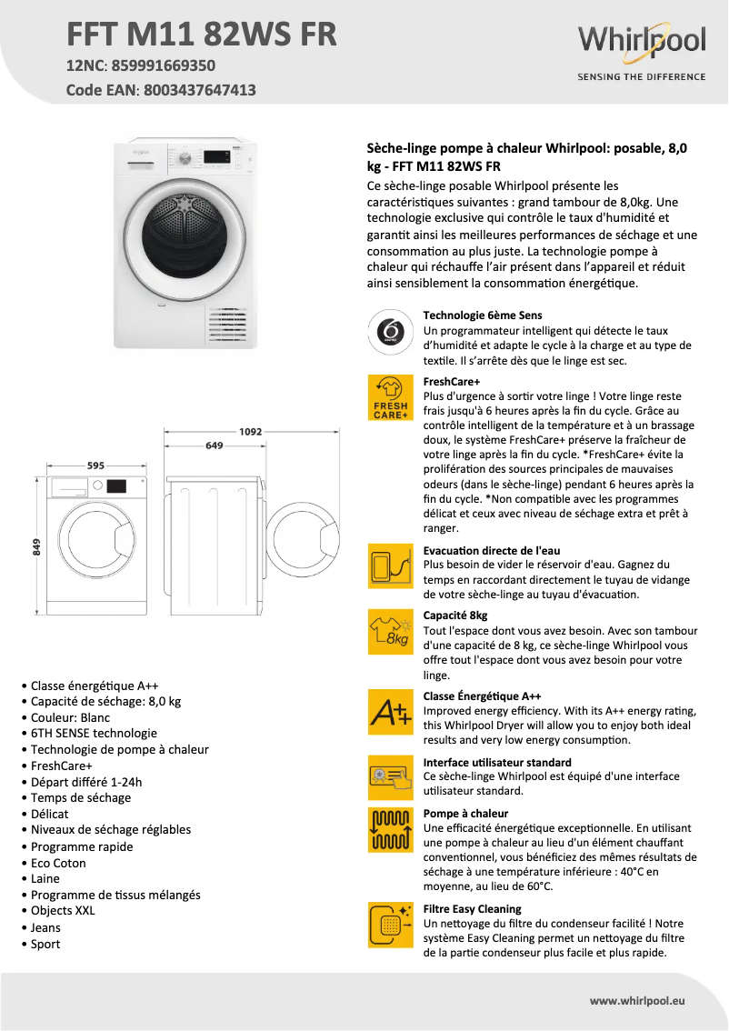 Page 1 de la notice Fiche technique Whirlpool FFT M11 82WS FR