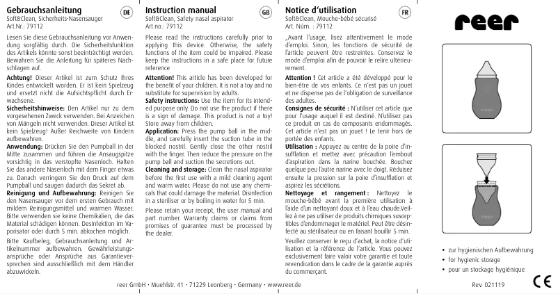 Page 1 de la notice Manuel utilisateur Reer Soft&Clean 79112