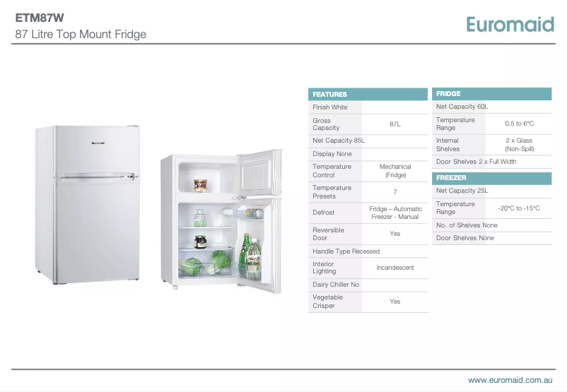 Page 1 de la notice Fiche technique Euromaid ETM87W