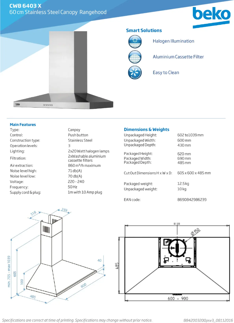 Page 1 de la notice Fiche technique Beko CWB6403X