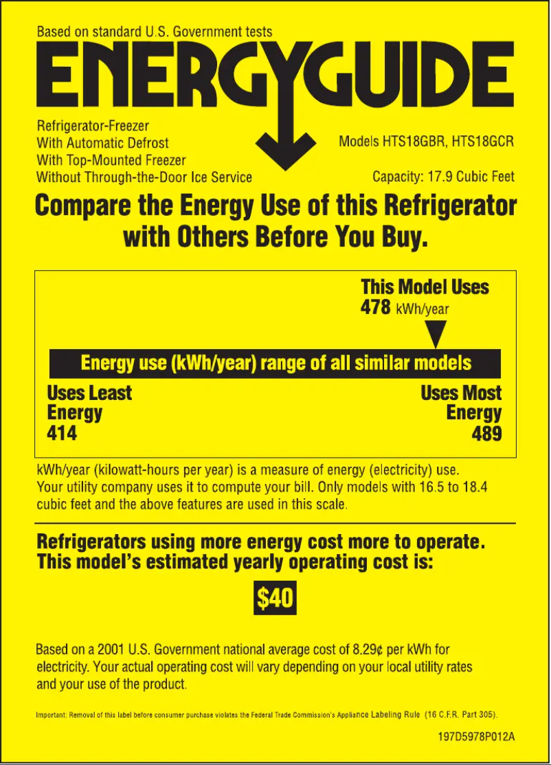 Page n°1 - Label énergétique Hotpoint HTS18GCRWW