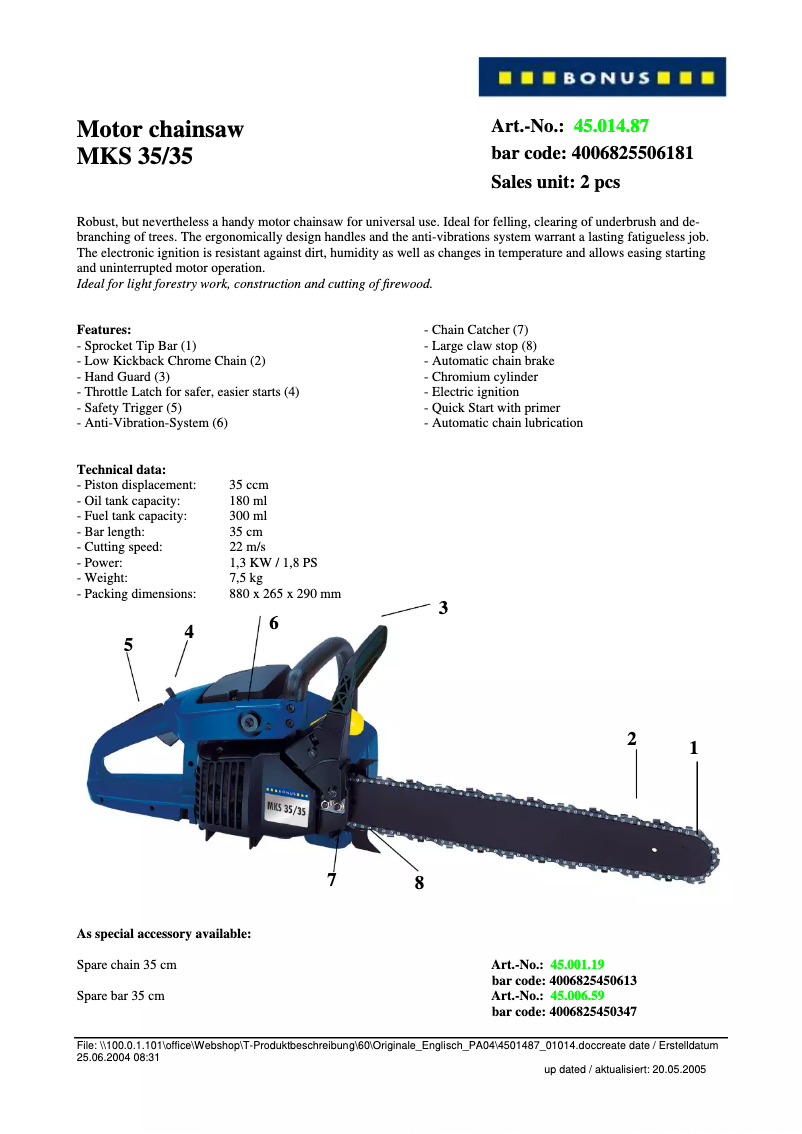 Page 1 de la notice Manuel utilisateur Bonus MKS 35/35