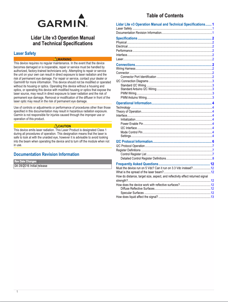 Page 1 de la notice Manuel utilisateur Garmin Lidar Lite v3