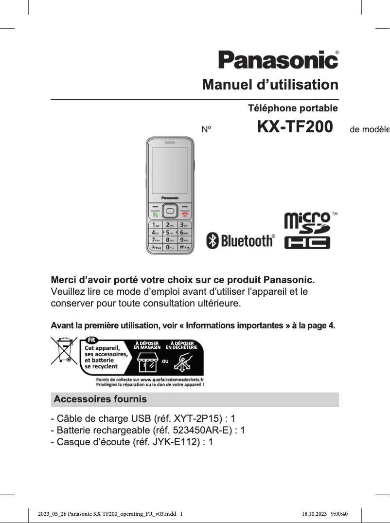 Page 1 de la notice Manuel utilisateur Panasonic KX-TF200