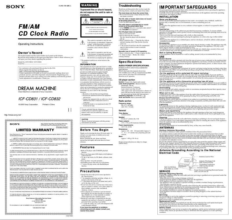 Page 1 de la notice Manuel utilisateur Sony ICF-CD832