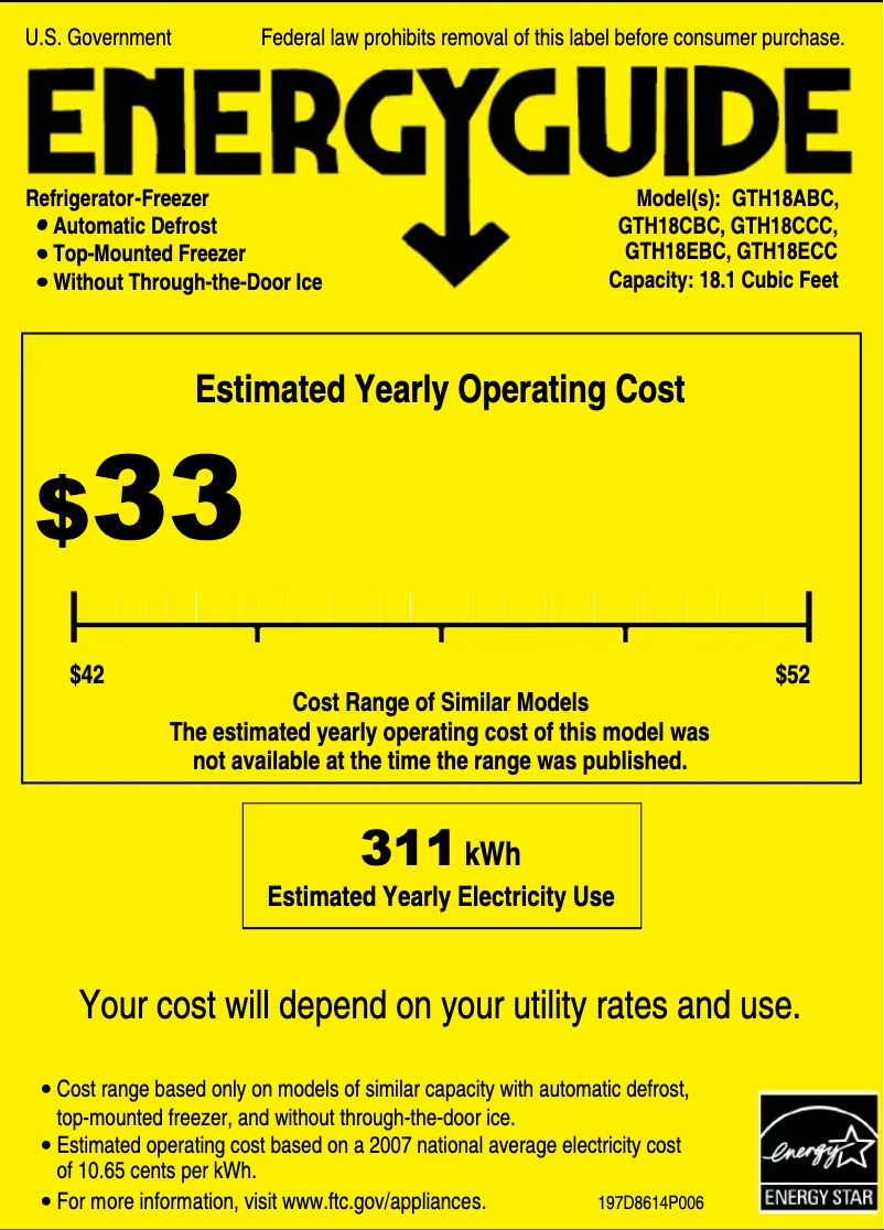 Page 1 de la notice Label énergétique GE GTH18ECCBB