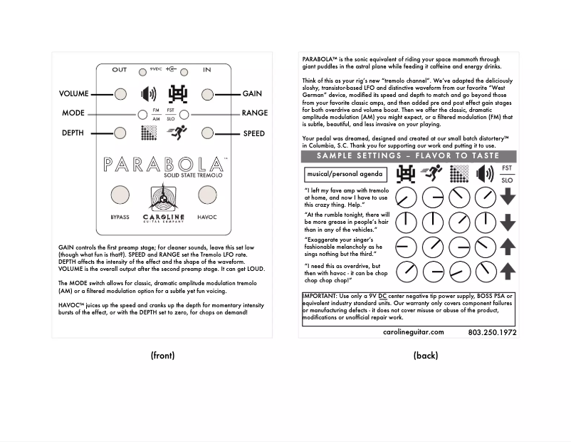 Page 1 de la notice Manuel utilisateur Caroline Parabola