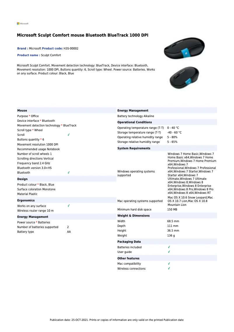 Page 1 de la notice Manuel utilisateur Microsoft Sculpt Comfort Mouse