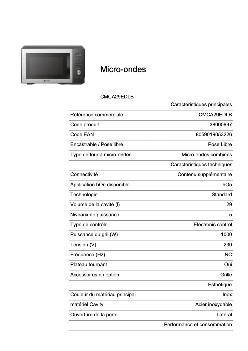 Page 1 de la notice Fiche technique Candy CMCA29EDLB