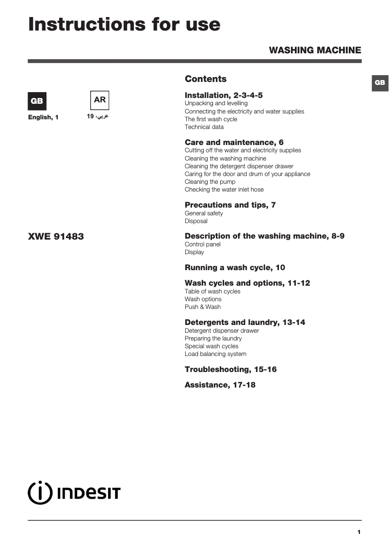 Page n°1 - Label énergétique Indesit XWE 91483X S UK