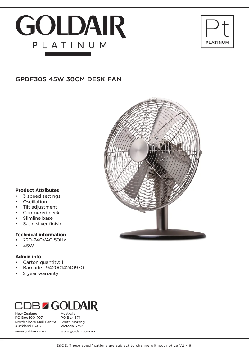 Page 1 de la notice Fiche technique GoldAir GPDF30S