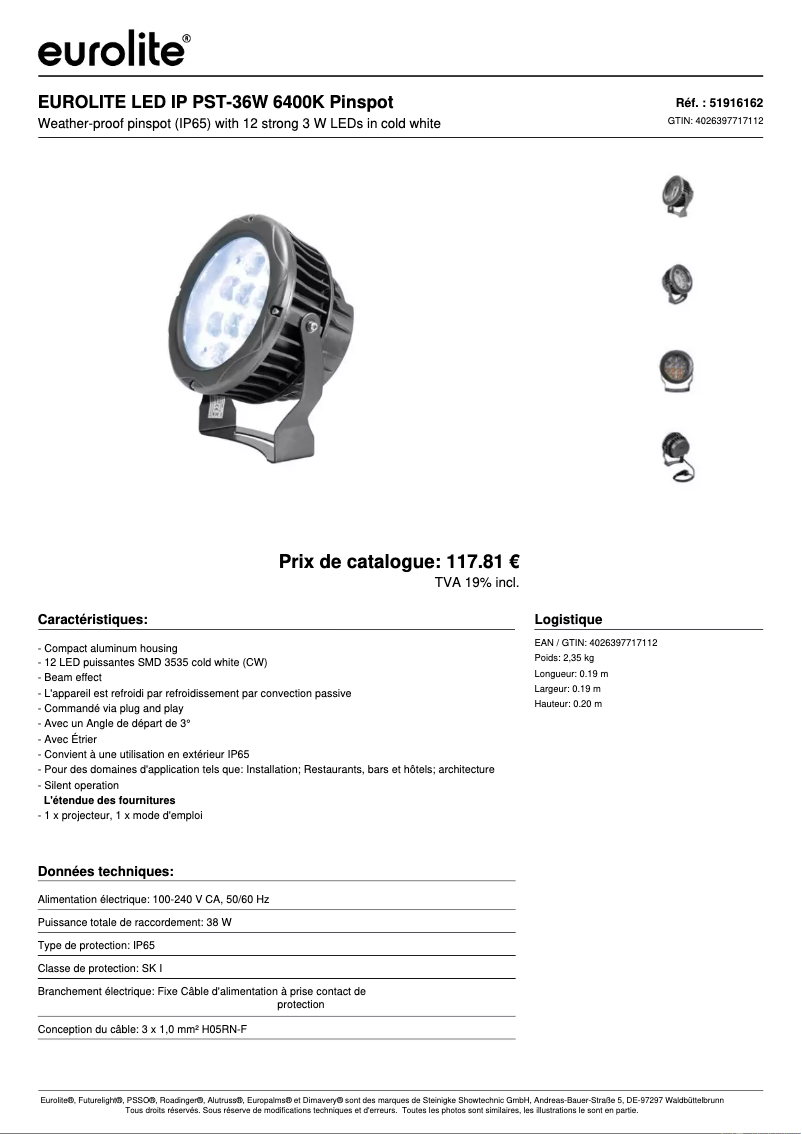 Page 1 de la notice Fiche technique Eurolite LED IP PST-36W
