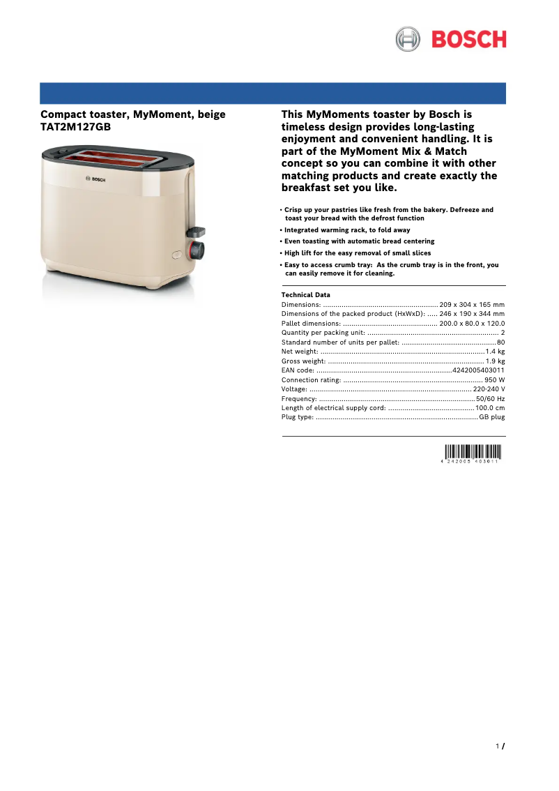 Page 1 de la notice Fiche technique Bosch TAT2M127