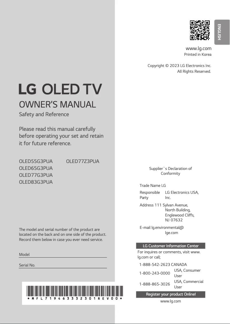 Page 1 de la notice Manuel utilisateur LG OLED77G3PUA