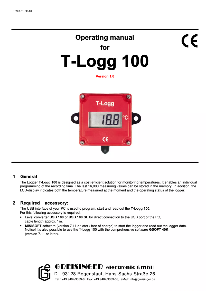 Page 1 de la notice Manuel utilisateur Greisinger T-Logg 100